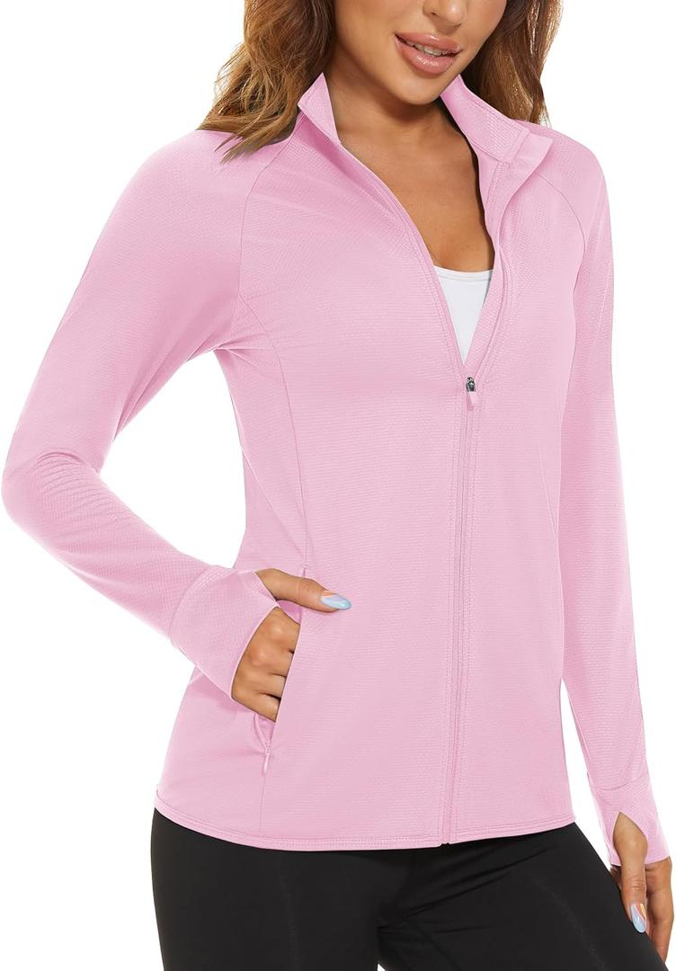 MAGCOMSEN Women's Zip Up Lightweight Long Sleeve Jacket UV Sun Protection Quick Dry Active Shirts Jacket with Zipper Pockets Light Pink 2XL