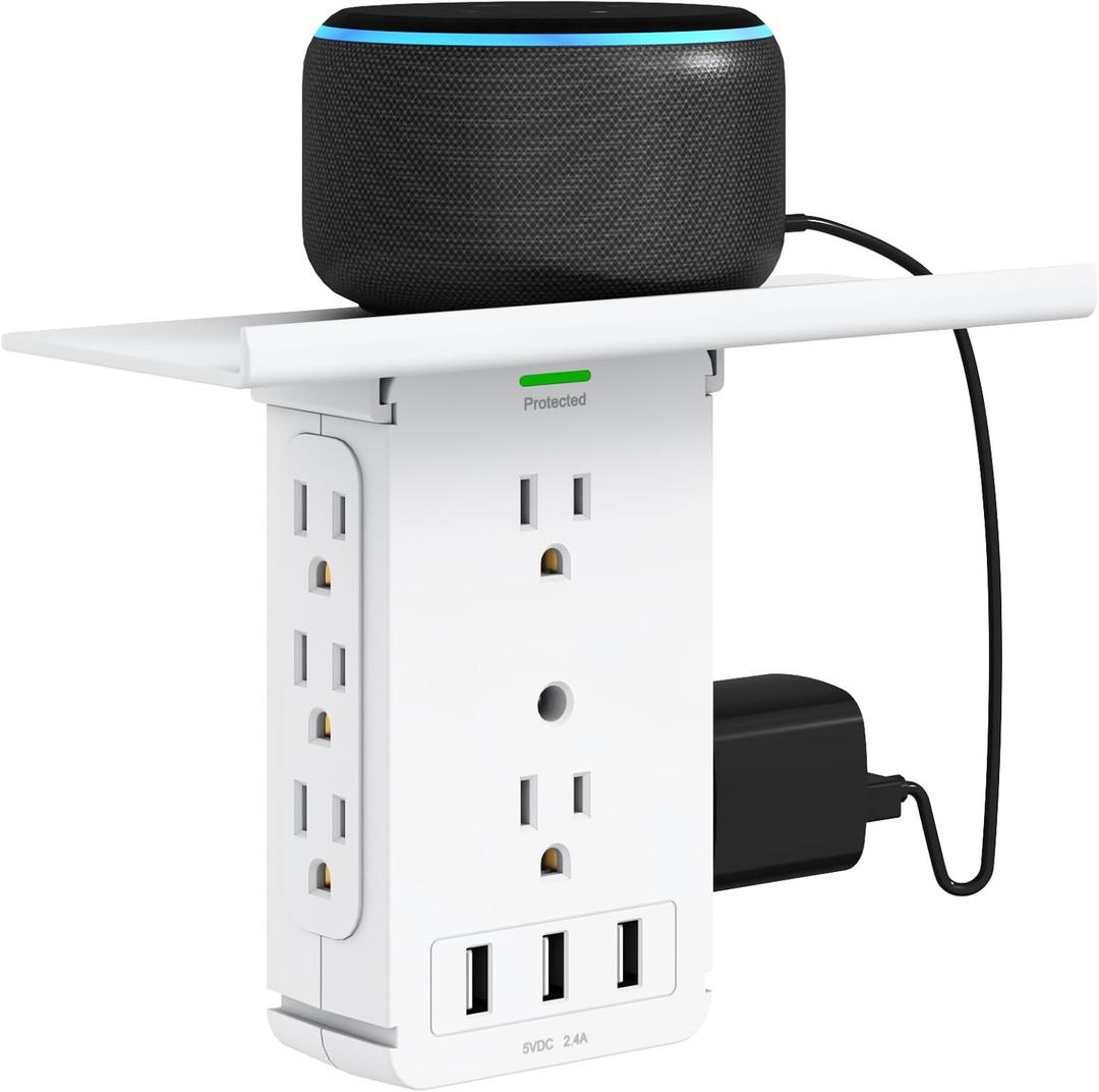 Power Charger Shelf-CFMASTER 11 Port Surge Protector Wall Outlet, 8 Electrical Outlet Extenders and 3 USB Ports 3.4A, with Removable Built-in Shelf and LED Indicator, FCC Listed, White