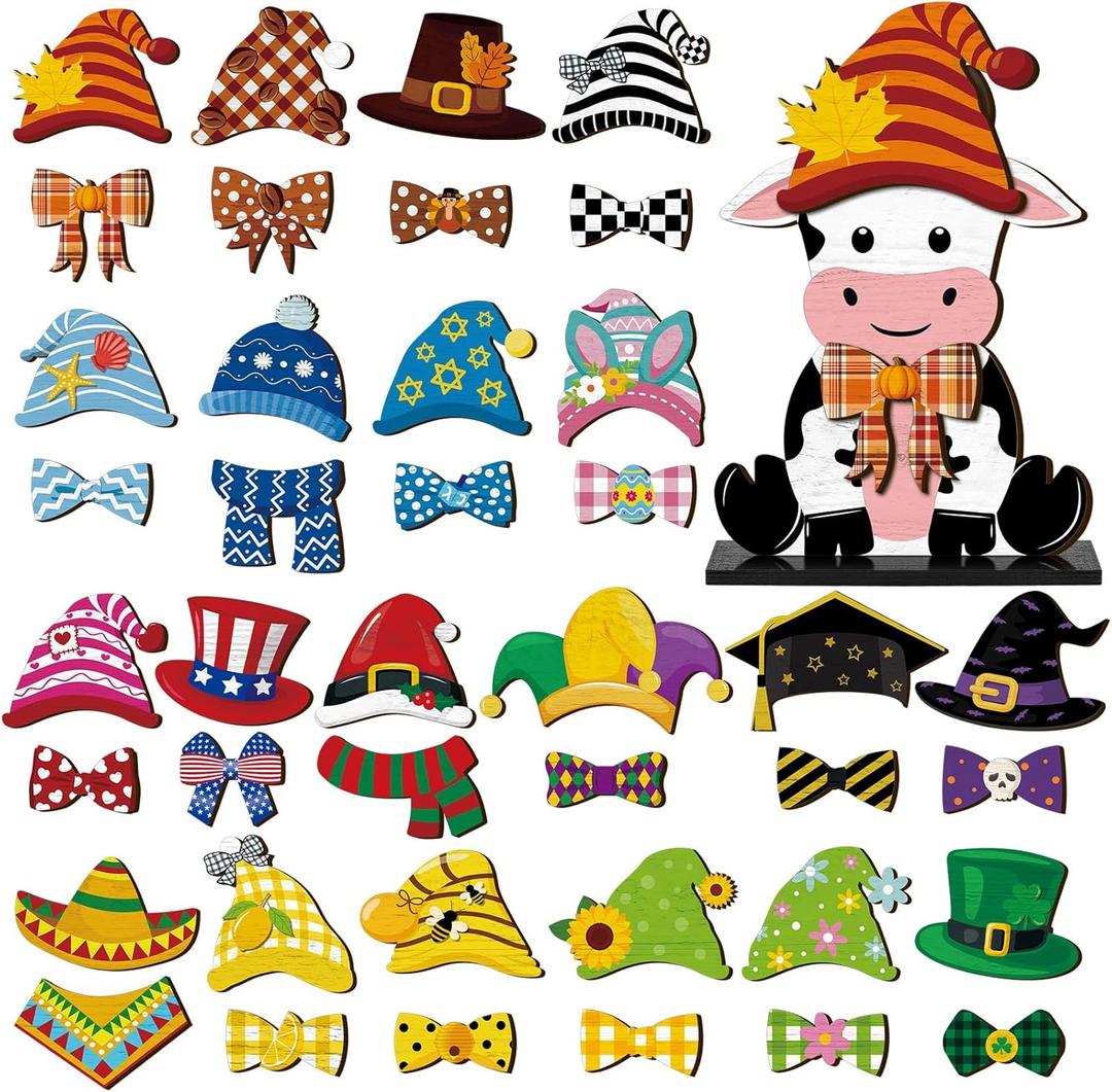 42 Pcs Small Interchangeable Fall Halloween Cow Decor Seasonal Sign Holiday Tiered Tray Decoration Farmhouse Rustic Wood Home Office Desk Accessories Welcome Ornament Table Centerpiece Gift