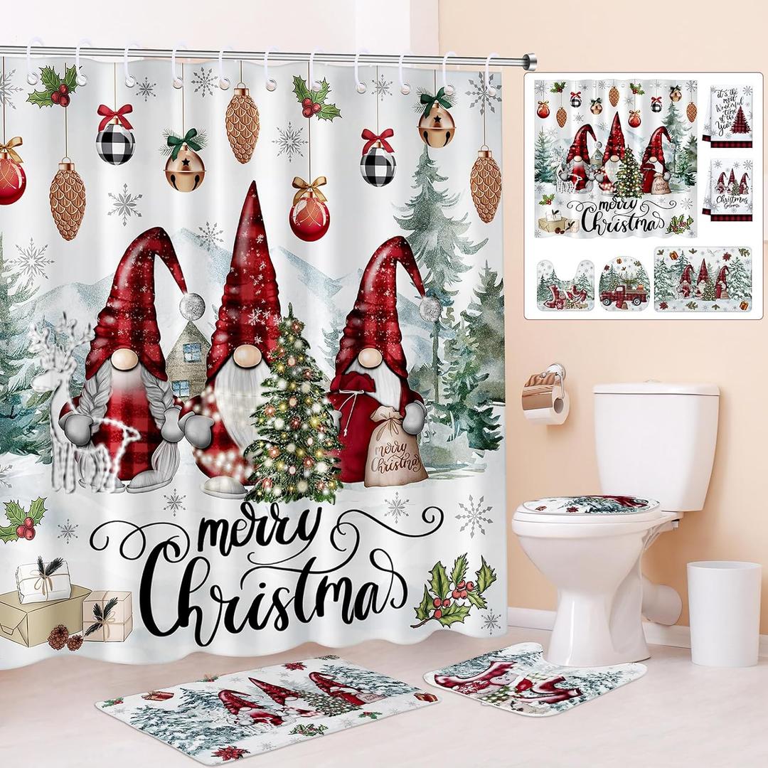 6 Pcs Christmas Shower Curtain Sets Christmas Bathroom Set with Waterproof Shower Curtain, Toilet Lid Cover, Bath Towels, Non Slip Bath Mat for Winter Xmas Bathroom Decor(Gnomes)