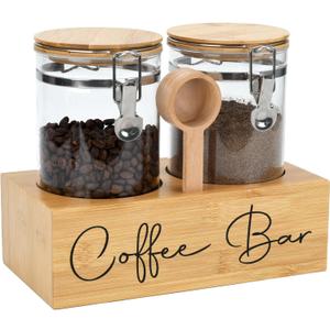 Glass Coffee Canister Set with Bamboo Shelf & Spoon - 2 Airtight Containers (47oz Each) for Coffee Beans, Ground Coffee, Sugar, Flour - Borosilicate Glass & Bamboo Lid with Silicone Seal