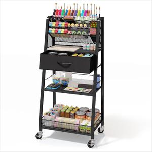Homsorout 3 Tier Rolling Cart - Metal Utility Cart with Storage Drawer and Wheels, Versatile Art & Craft Organizer for Home, Office, or Studio - Ideal for Storing Brushes, Paints, and SuppliesBlack