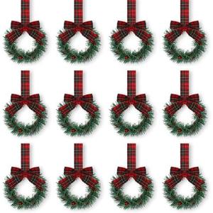Retrowavy 12 Pcs Christmas Kitchen Cabinet Wreaths with Ribbon 3.94 Inch Mini Christmas Wreath Small Kitchen Xmas Decor for Window Door(Multicolor Plaid,Classic Style)