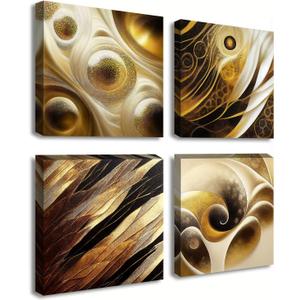 BLINFEIRU Modern Gold Abstract Canvas Wall Art Black and Gold Wall Decor for Living Room Bedroom Abstract Painting Pictures Home Office Artwork Framed Ready to Hang 12x12 Inch