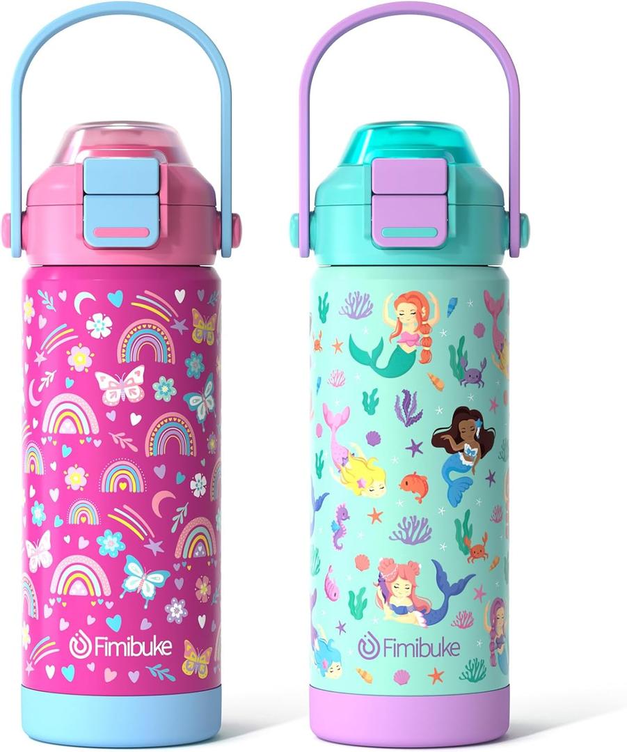 Kids Insulated Water Bottle with Pop-Open Straw & Spout 2-in-1 Lid, 18oz Leak Proof 18/8 Stainless Steel Vacuum Tumbler, BPA-Free Kids Cup For Travel School Boys Girls Toddler, Rainbow & Mermaid