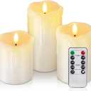 Homemory Dripping Wax Flameless LED Pillar Candles, Battery Operated with Remote Control and Timer, Set of 3, 5" H x 4" W x 6" D
