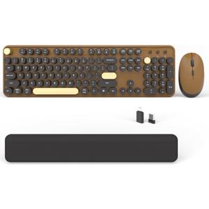 Wireless Computer Keyboards Mouse Combos, COVEVA Colorful Typewriter Retro Keyboard with Round Keycaps, USB Keyboard and Mouse Set 2.4GHz Full-Size Wireless Keyboard and Optical MouseBlack-Coffee