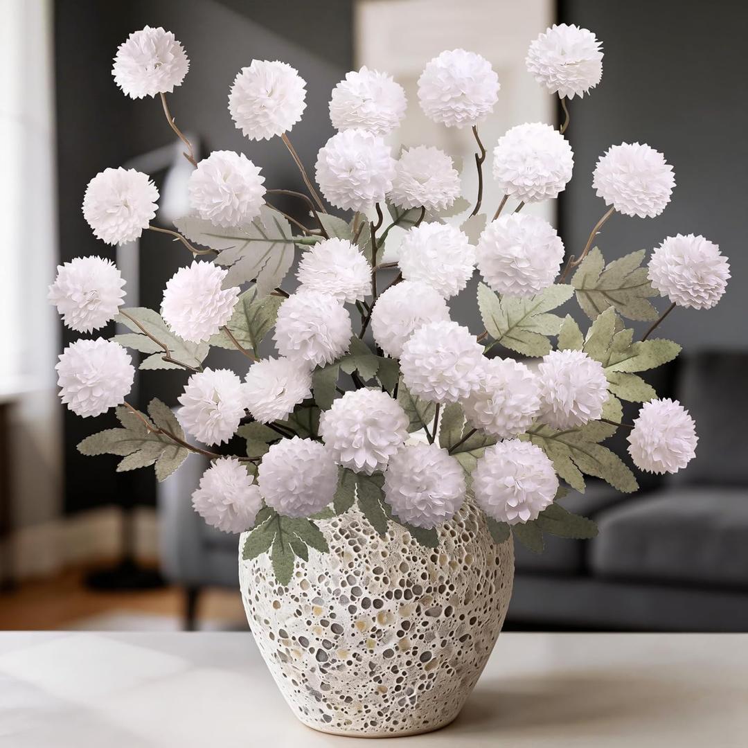 INQCMY Artificial Flowers 12pcs Ball Chrysanthemums for Weddings Silk with Stemsdiy Champagne Bouquets Indoor and Outdoor Decoration Kitchen Table Decor (White)