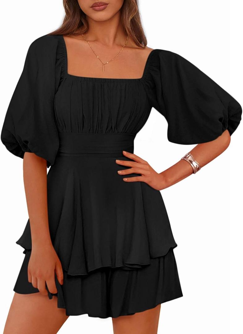 Zenlonr Women's Summer Romper 2025 Casual Puff Short Sleeve Ruffle Layer Tie Mini Short Jumpsuits Beach Party (Black) S