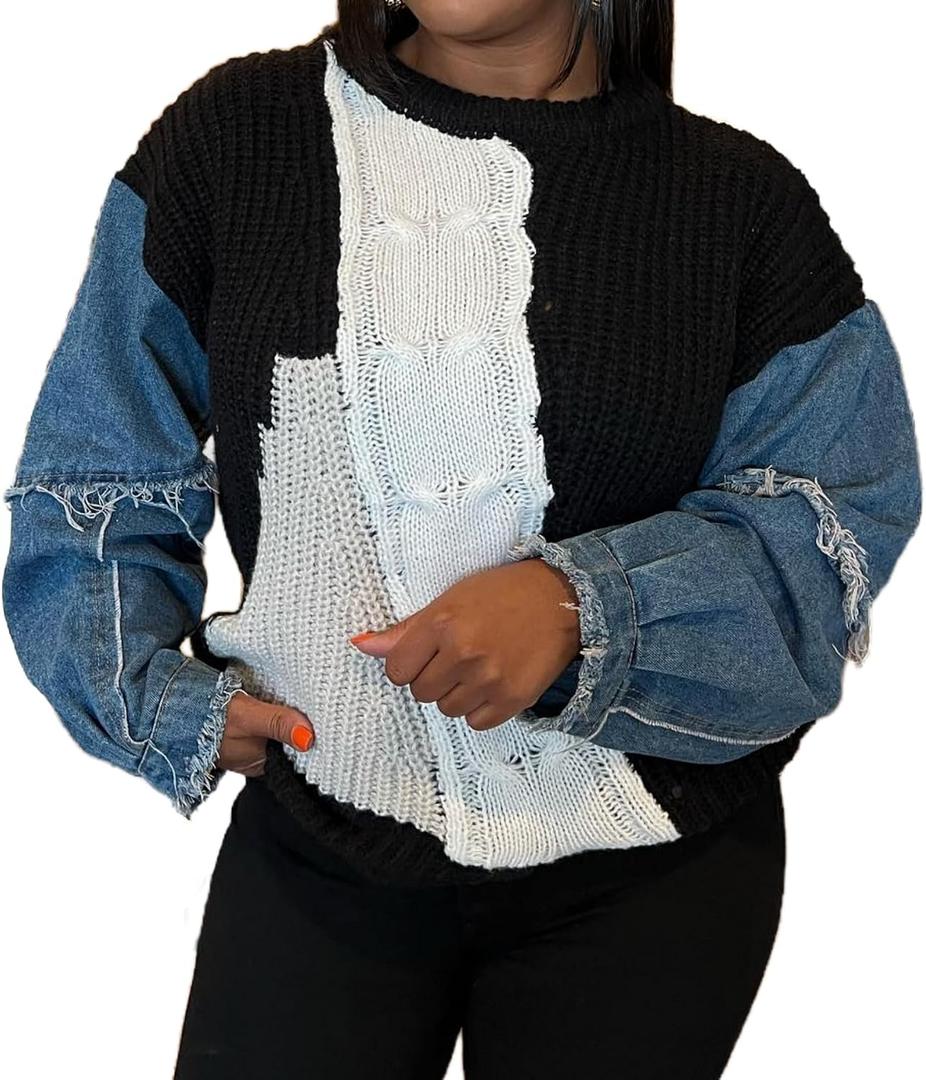 Vaceky Womens Sweaters Denim Sleeve Color Block Crewneck Pullover Knit Tops, X-Large