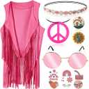 60s 70s Outfits for Women Hippie Costume Clothes Set 70s Costume Tops Women Fringe Hippie Vest for Halloween 2XL
