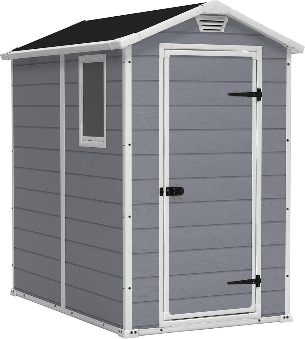 Keter Manor 4x6 Resin Outdoor Storage Shed Kit-Perfect to Store Patio Furniture, Garden Tools Bike Accessories, Beach Chairs and Lawn Mower, Grey & White, Box 2 of 2 Only