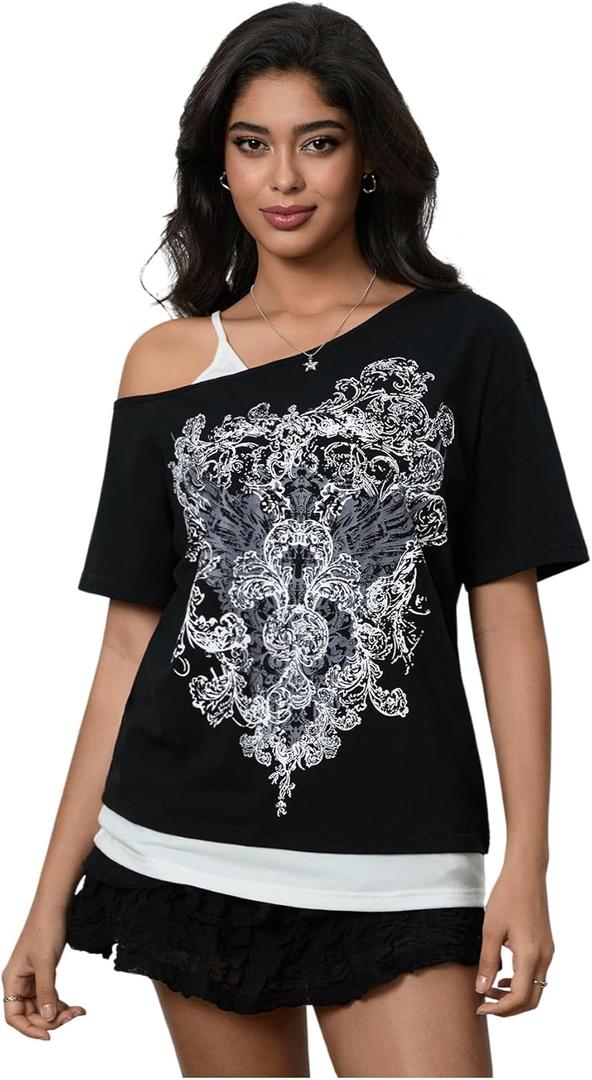 Women's 2 in 1 Cold Shoulder Graphic Tees Short Sleeve Goth Y2K T Shirt Fake Two Piece Tops (Black, S)