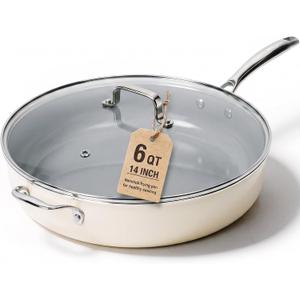Kikcoin 14 INCH Ceramic Nonstick Deep Frying Pan with Lid, 6 QT Family Size