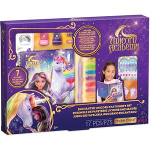 Make It Real: Unicorn Academy: Enchanted Unicorn Stationery Set - 17pc Journal Kit, Gel Pens-Stickers-Erasers-Gems, Diary, Netflix Series, Kids 6+