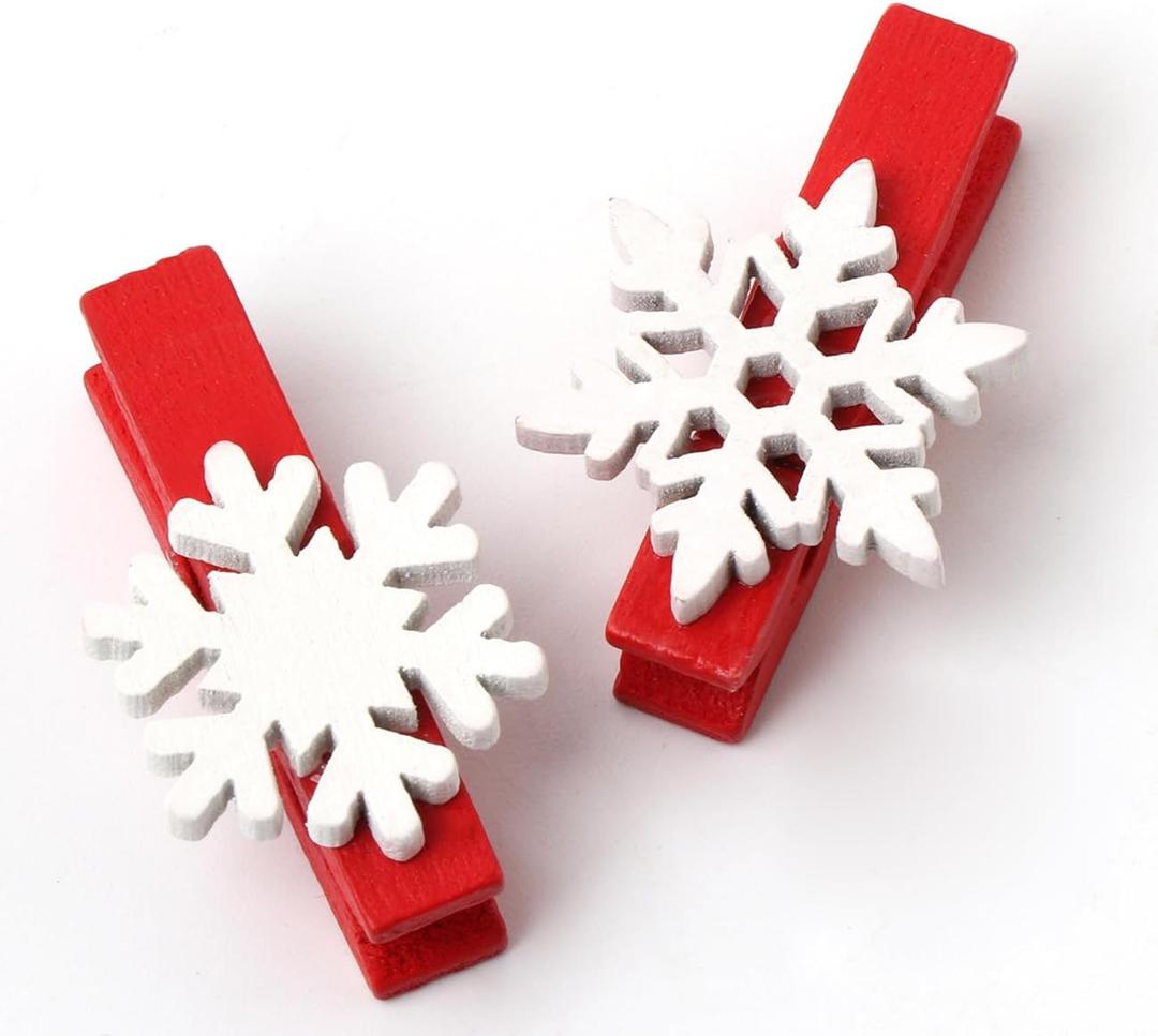 ilauke 50Pcs Christmas Wooden Clothespins Mini Snowflake Clothespin Clips for Christmas Cards Photo Paper Crafts (1.38 Inch)