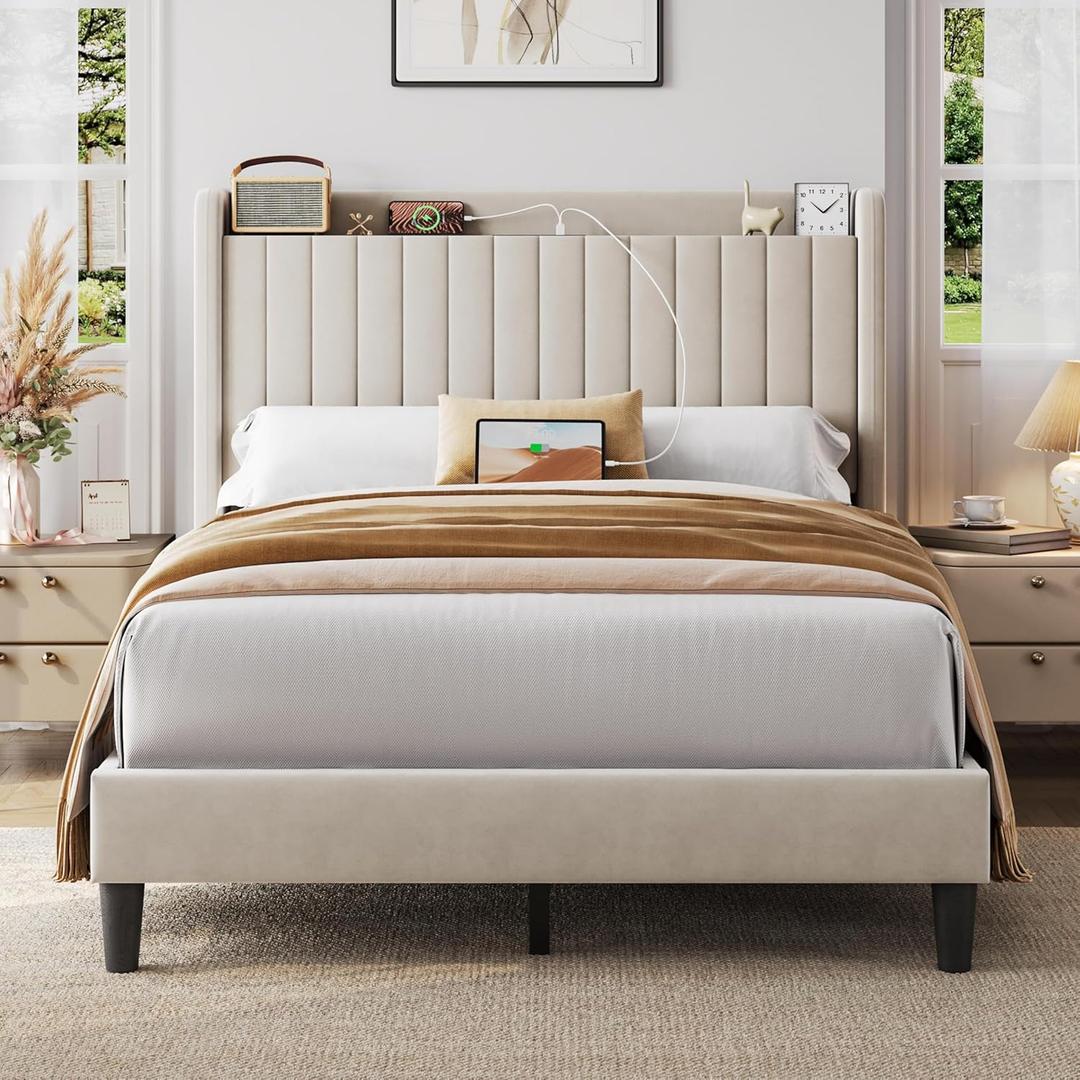 Yaheetech Full Size Bed Frame with USB Charging Station and Storage Shelf/Upholstered Headboard Platform Bed with Wing Side/Wooden Slats Support/Noise Free/No Box Spring Needed/Easy Assembly, Beige