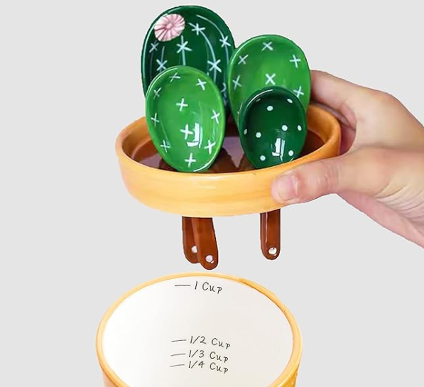 Cactus Measuring Spoons Set in Pot, Cute Ceramic Measuring Spoons and Cups, Kitchen Cacti Spoon with Holder, Baking Measuring Cups Ornaments Gift (4 Color Spoon/Wave Pattern Base)