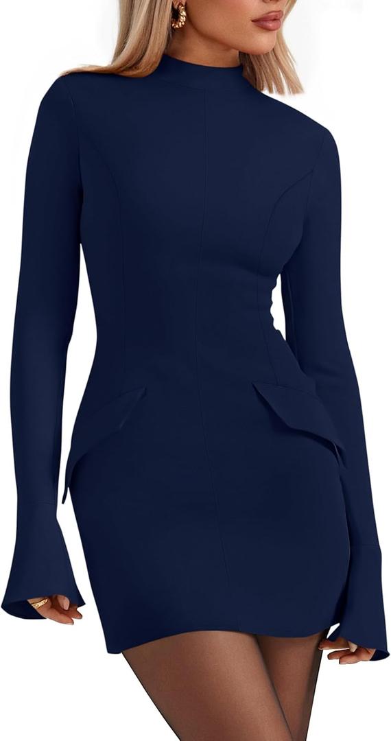 PRETTYGARDEN Womens Short Formal Dresses Fall Long Sleeve Mock Neck Elegant Cocktail Party Club Bodycon Mini Dress (Large, Navy Blue)