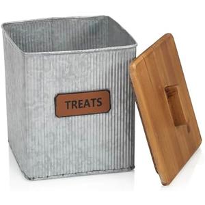 Red Co. Dog & Cat Treats Corrugated Metal Storage Canister with Wooden Lid, Distressed, 7.25" x 8”