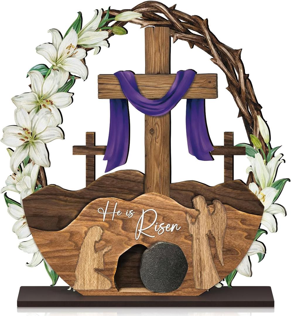 Capoda He Is Risen Easter Wooden Table Decoration Easter Resurrection Tabletop Sign Christian Cross Table Centerpiece Empty Tomb Religious Decor Jesus Lily Flowers Display for Holiday Spring Home