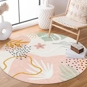 Lahome Pink Round Area Rug - 4Ft Round Rug Washable Non-Slip Small Circle Boho Bedroom Throw Carpet Low-Pile Soft Cute Nursery Girls Room Botanical Print Indoor for Dorm Bathroom