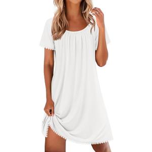 Ekouaer Cotton Nightgowns for Women Lace Trim Sleep Shirts Short Sleeve Night Shirts Sleep Dress with Pockets (Large, White)
