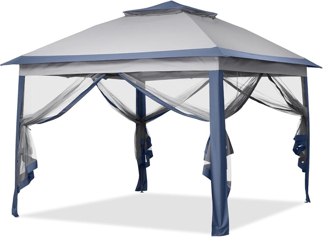12x12 Pop Up Canopy Tent, Outdoor Canopy with Netting, Outdoor Gazebo for Backyard, Blue
