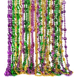 NOVWANG Mardi Gras Beads 24 Pcs Purple Green Gold Metallic Necklaces Bulk for Carnival Parade Supplies (4 Styles)