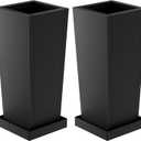 Metal Tall Outdoor Planters Set of 2, 30 inch Durable Tall Planters with Rust-Proof Coating & Drainage Insert Shelve & Trays, Black Outdoor Planters for Porch, Garden, Patio, Yard