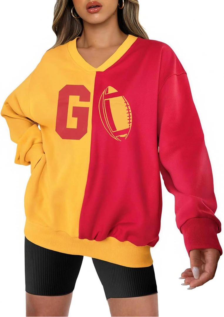 VILOVE Football Sweatshirts Women Game Day Long Sleeve Shirts Football Team Pullover Sunday Funday Casual Tops (Medium, Red and Yellow)