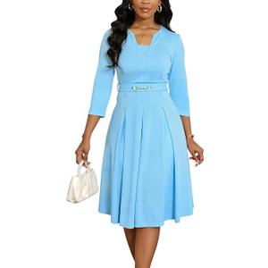 Elainone Womens 3/4 Sleeves Casual A Line Dress Belted Semi Formal Dresses Fit and Flare Midi Dress, High Waist A Line Dresses for Women Suitable for Work, Business, Church, Wedding Guest, L