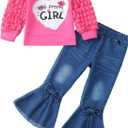 Kucnuzki Toddler Girl Clothes Cute Kids Clothes Long Sleeve Shirts Top Bell Bottom Denim Jeans Pants 2 Piece Matching Outfits (7-8 Years, Rose)