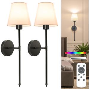 NIORSUN Battery Operated Wall Sconce Set of 2, Black Rechargeable Wall Lights with 5200mAh Dimmable Detachable Bulbs and Remote, 10 Colors Wireless Wall Lamps for Bedroom Living Room Hallway Decor