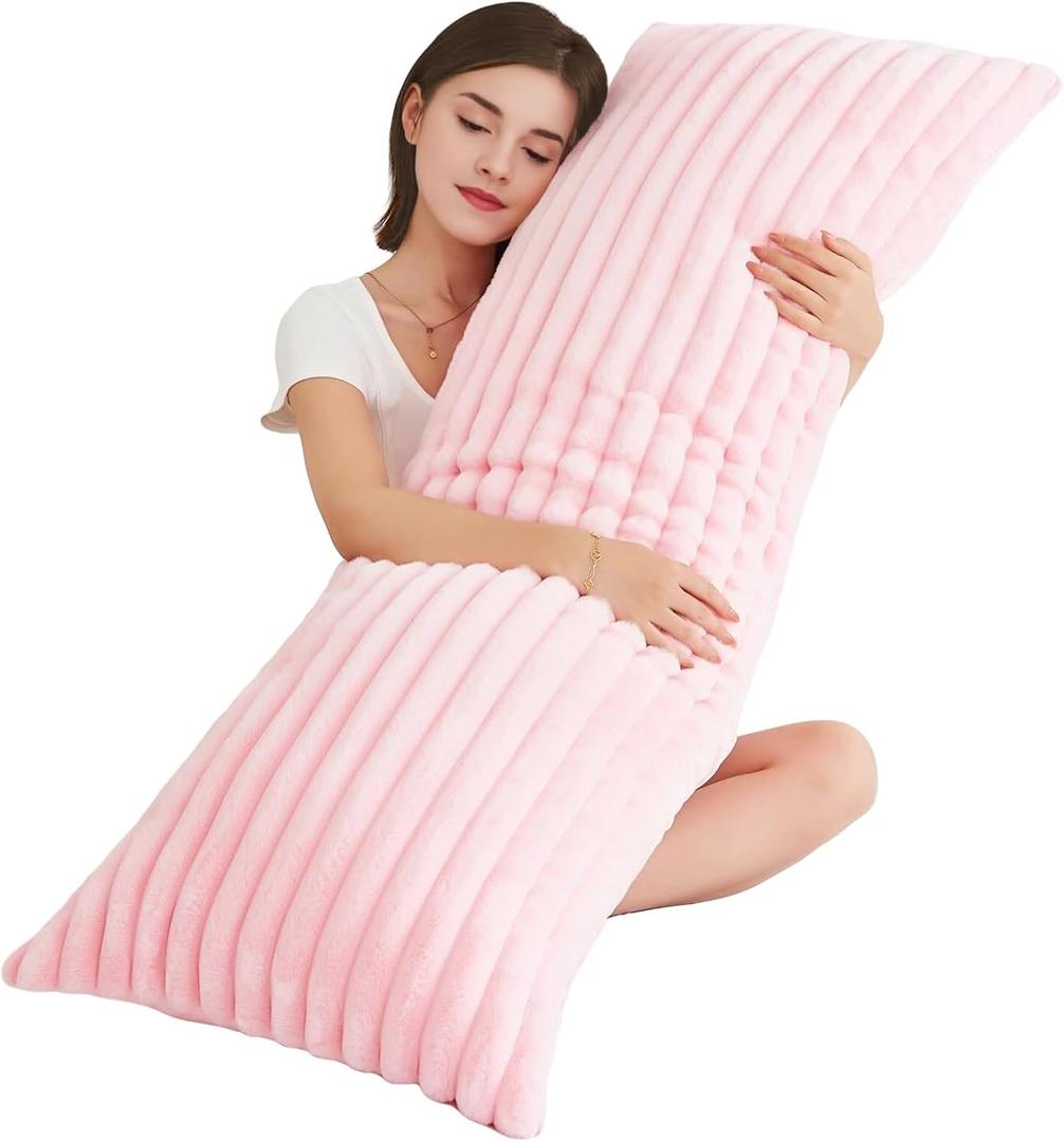 Full Body Pillow with Fluffy Stripe Faux Fur Removable Cover, Long Bed Pillow Adult 20x54 Inches for Side Sleeper and Pregnancy, Pink.