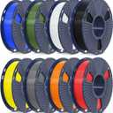 SUNLU PLA+2.0 3D Printer Filament Bundle, Multicolor PLA+ Filament 1.75mm, Individually Vacuum Packed, 0.25kg per Spool, 8 Pack, 2kg Total, Black+White+Grey+Blue+Red+Yellow+Olive Green+Orange