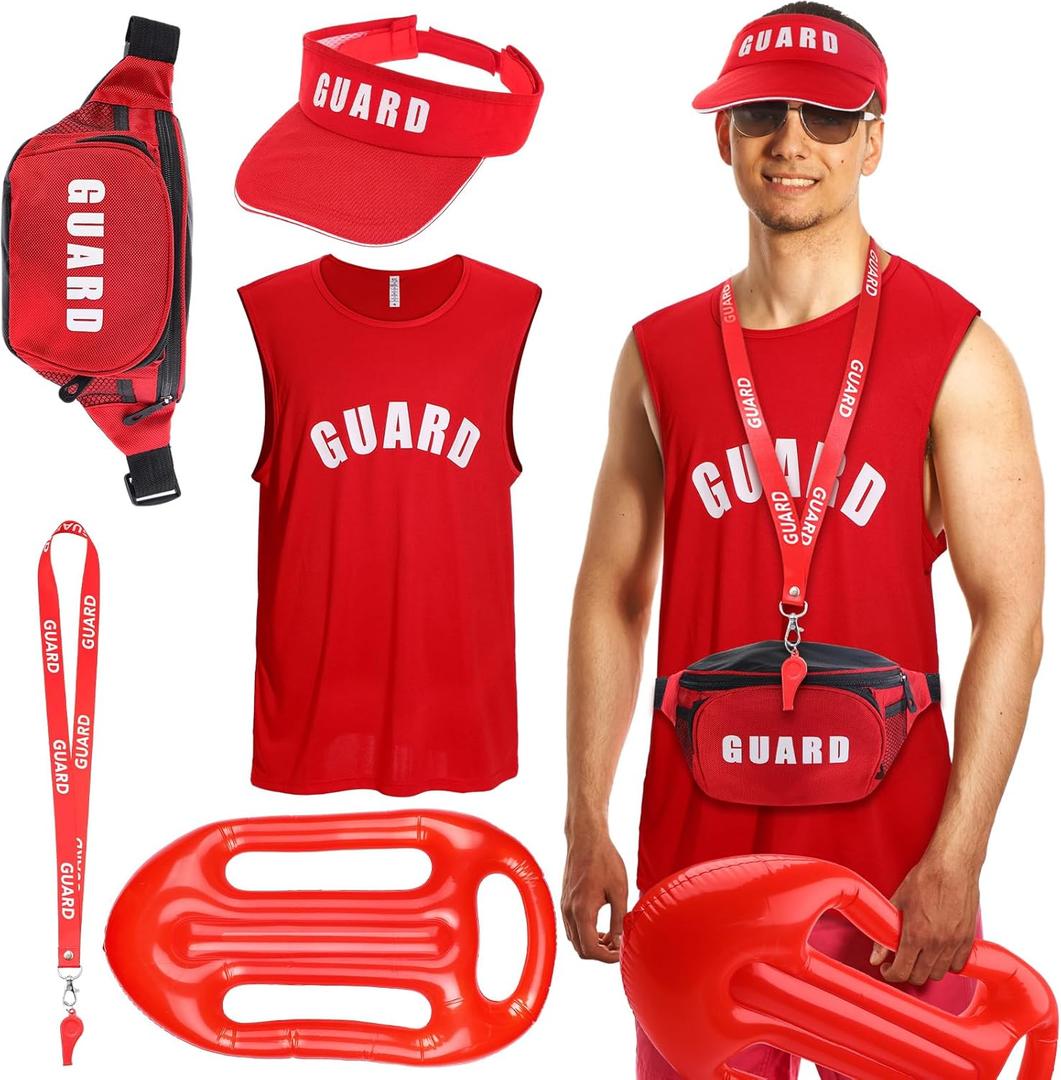 Hiboom 5 Pcs Halloween Guard Costume Set Inflatable Surfboard Guard Hat Red Fanny Pack Uniform Vests Whistles (Medium)