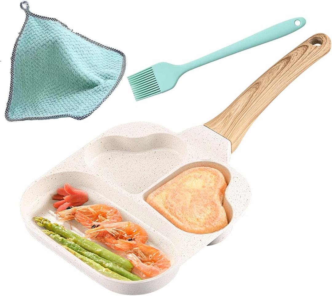 Non Stick Frying Pans Romantic Heart Pan,3 In 1 Multifunction Omelette Pan Breakfast Skillet Anti-scalding Handle Easy To Hang Complete with Oil Brush and Dishcloth