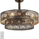 19" Caged Crystal Ceiling Fan with Light, Low Profile Fandelier, Medium