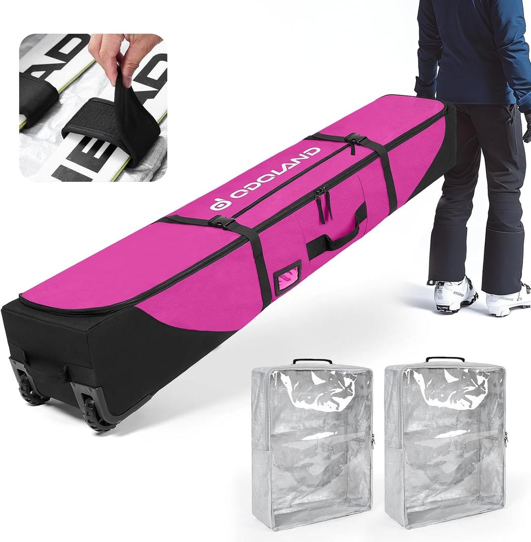 Odoland Rolling Ski Bag, Padded Snowboard Bags and Ski Boot Bag with Wheels for Air Travel, 900D Water Resistant Oxford Fabric, Fits 2 Pairs Skis Up to 170/190cm, Foldable Snow Bag with 2 Storage Bags (170cm, Purple)