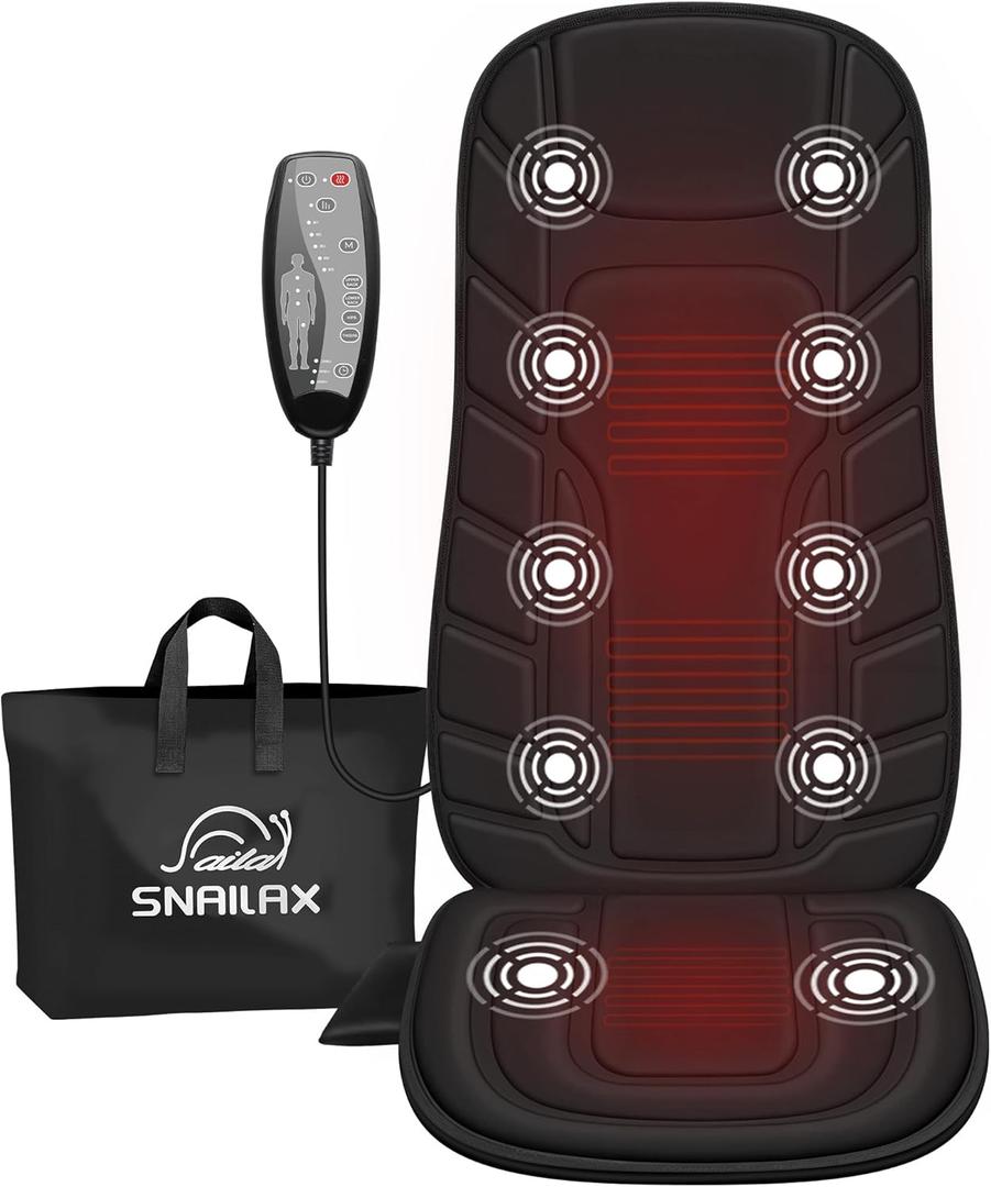 Snailax Back Massager with Heat, Massage Seat Cushion with 10 Motors, Massage Chair Pad for Home Office Use, 5 Modes & 3 Intensity Levels, 2 Heat Settings with 30-60-90 Mins Timer, Gifts for Him Her (Classic Black)