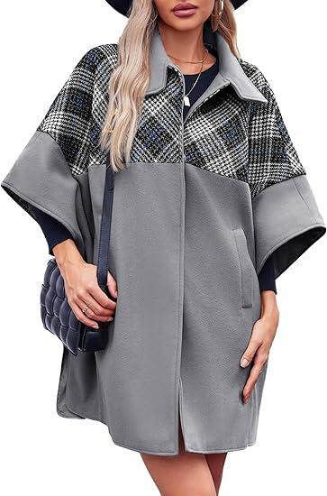 Tankaneo Womens Oversized Plaid Pea Coat Winter Casual Mid Length Cape Poncho Jackets with Pockets, Size M