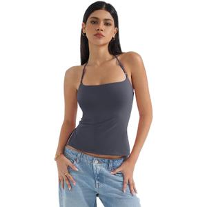 SUUKSESS Women Halter Double Lined Tank Top Backless Going Out Camisole Crop Top (Large, Ash)