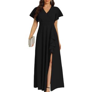 Women's Black Long Formal Dresses Cocktail Wedding Guest Dress Ruffle Split Elegant V Neck Party Gowns (Large)