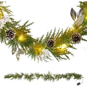 Christmas Garland Decoration with Lights - 6FT 40 LED Battery Powered Pre-Lit Christmas Garland with Pine Branch, Pine Cones, White Berry Cluster, Leaves, Mixed Decors for Mantle Fireplace Stairs Door