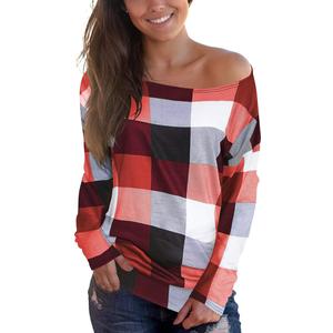 Cosonsen Women's Off Shoulder Top Long Sleeve Plaid Tee Shirt Blouse (Medium, A4 Red Plaid)