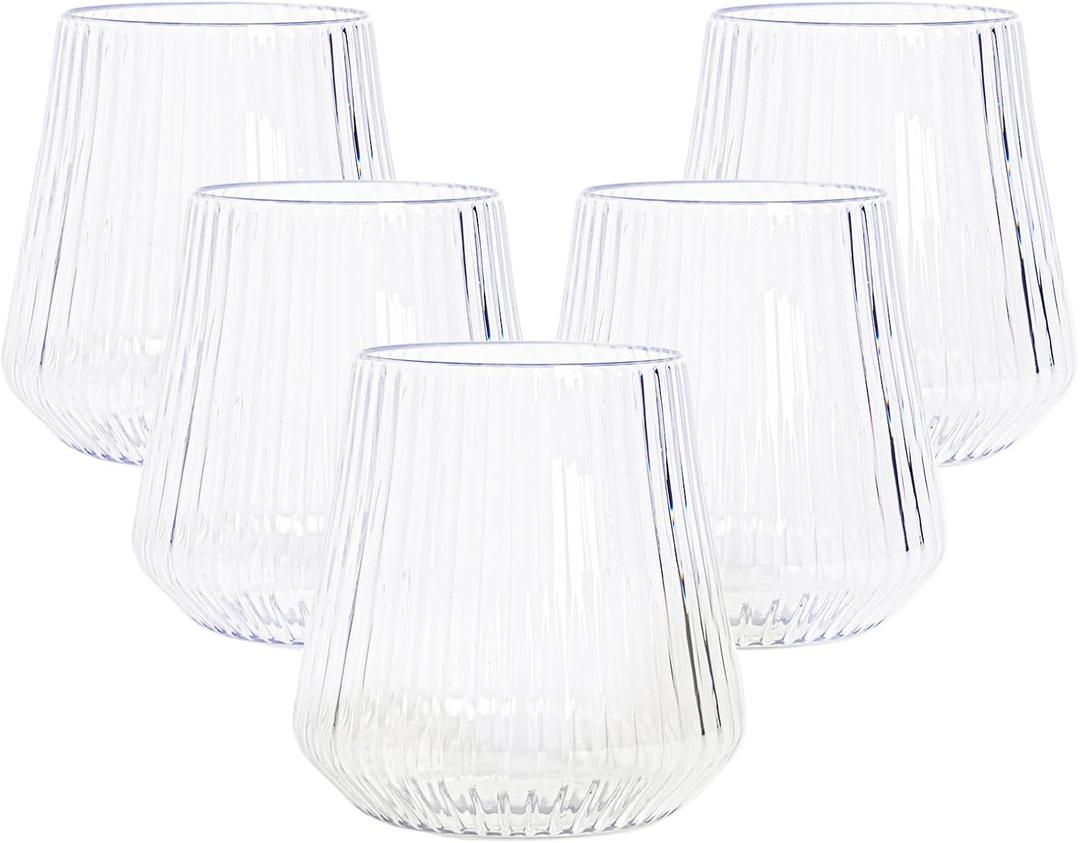 N9R 24 Count 12oz Clear Plastic Wine Cups - Elegant Origami Ripple Design, Shatterproof & Disposable for Whiskey, Cocktail, Champagne, Parties, Weddings, Events