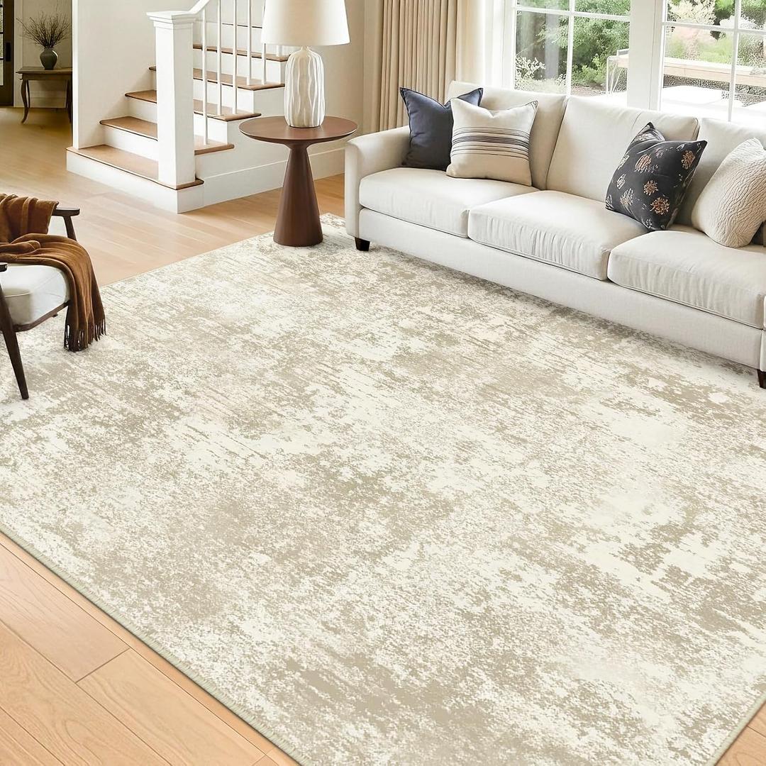 RELEANY Washable Area Rugs 5'x7' Non-Slip Modern Abstract Soft for Living Room Entryway Bedroom Nursery, Print Pattern, Beige Cream Brown