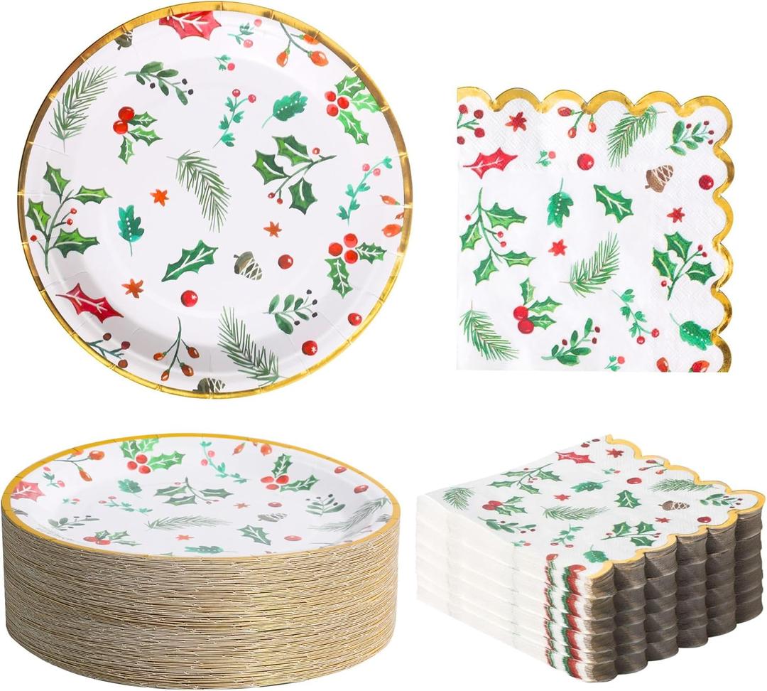 100PCS Bulk Christmas Plates and Napkins Party Supplies - Serves 50 PK - Xmas Seasonal Holly Paper Plates Disposable Dinner Plates Decorations Christmas Dcor