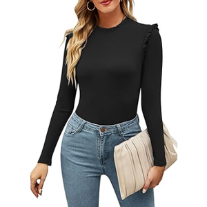 Womens Black Long Sleeve Bodysuits Stand Collar Slim Fit Frilled Ruffles Shoulder Ribbed Leotards Tops M